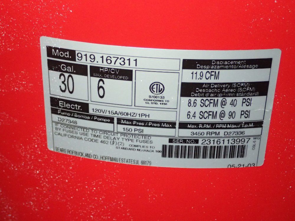 Sears / Craftsman 6hp Air Compressor - 919.167311