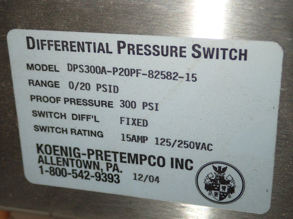 Koenig-pretempco 300psi Differential Pressure Switch - Dps300a-p20pf-82582-15
