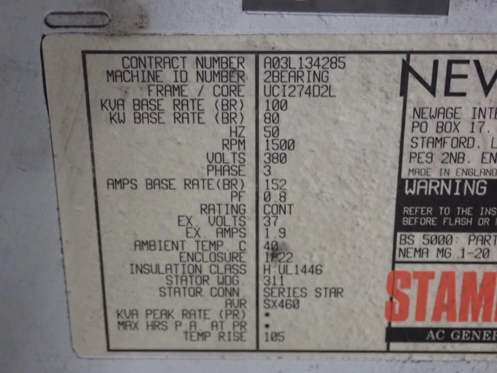 Stamford 80 Kw A03l134285 Generator - A03l134285
