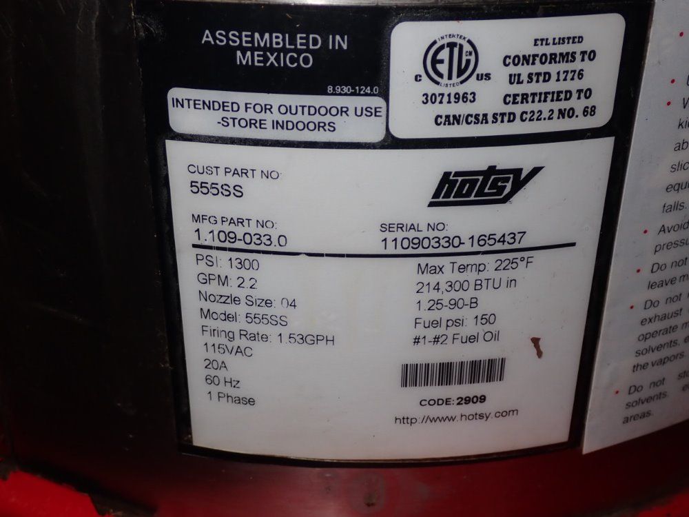 Hotsy 1300 Psi 555ss Electric Heated Pressure Washer - 555ss