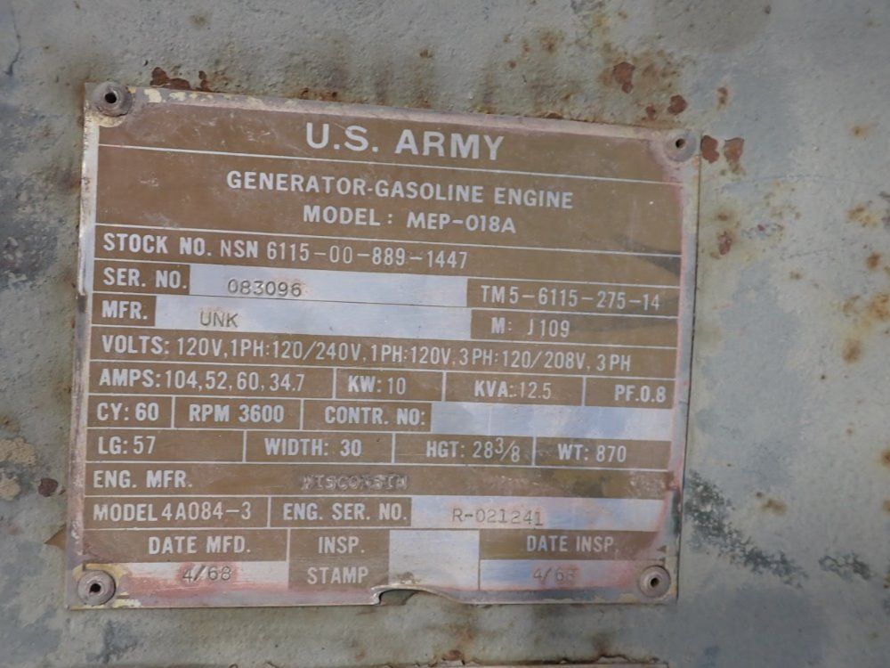 U S Army 10 Kw Mep-018a Generator/gas Engine - Mep-018a