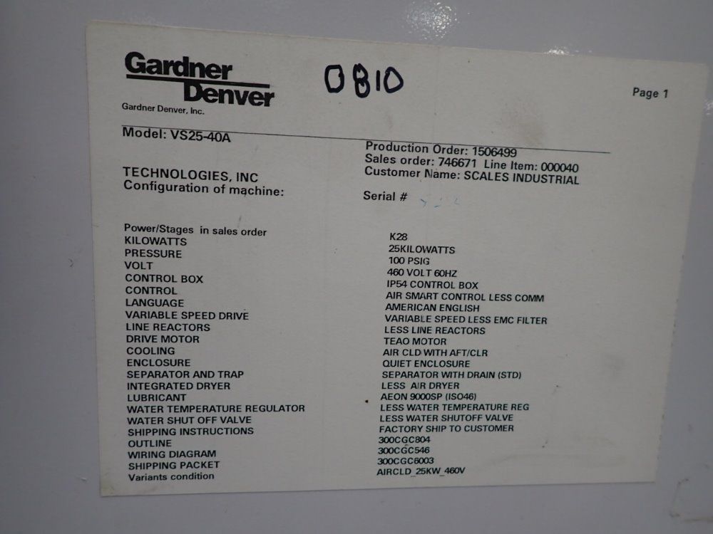 Gardner Denver 25kw Rotary Air Compressor - Vs25-40a