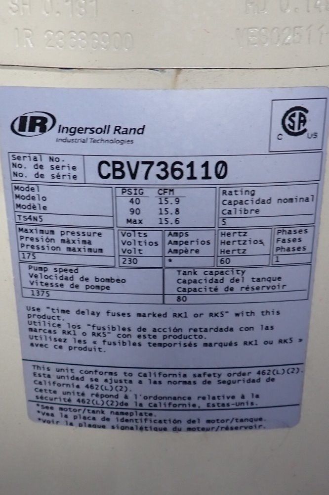 Ingersoll Rand 5 Hp/80 Gallons Ts4n5 Air Compressor - Ts4n5