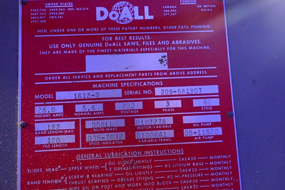 Doall 17" 1612-0 Vertical Band Saw - 1612-0