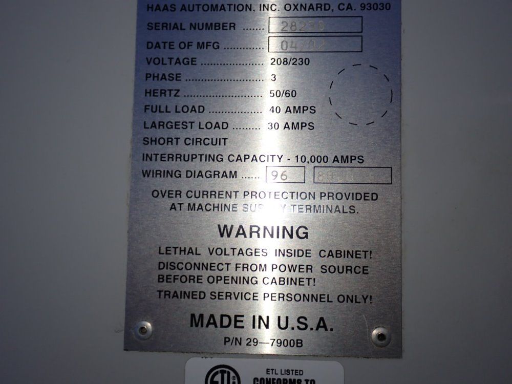 Haas 2002 Haas Vf2d Cnc Vmc
