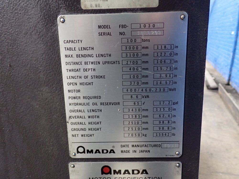 Amada 1991 Amada Fbd1030e Press Brake