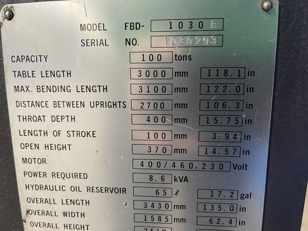 Amada 1991 Amada Fbd1030e Press Brake