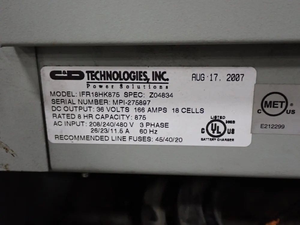 C & D Technologies 36v/875ah Battery Charger - Ifr18hk897