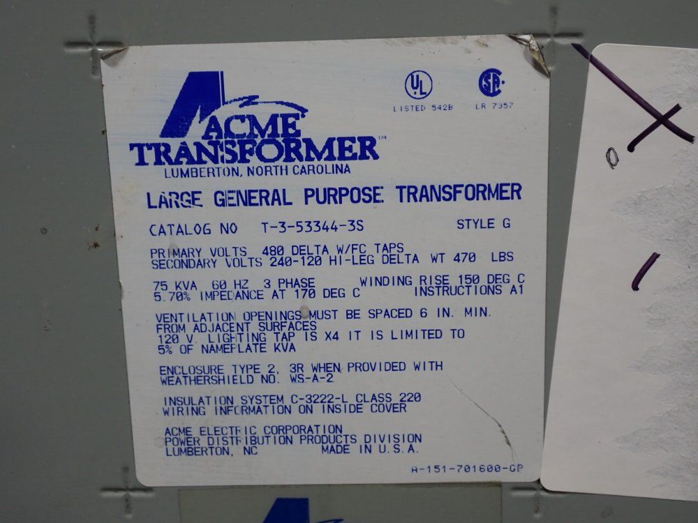 Acme 75 Kva Transformer - T-3-53344-3s