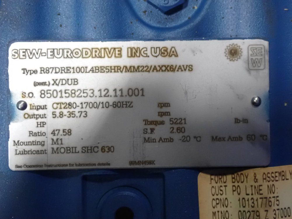 Sew-eurodrive 3 Hp Gear Drive - R87dre100l4be5hr/mm22/axx6/avs