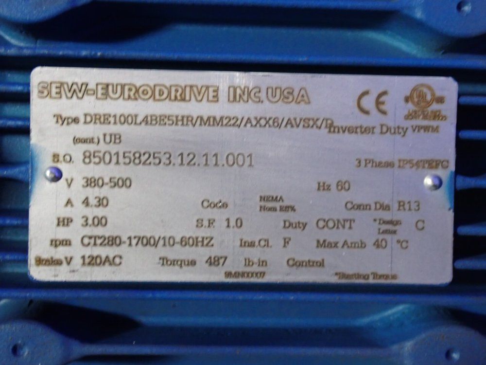 Sew-eurodrive 3 Hp Gear Drive - R87dre100l4be5hr/mm22/axx6/avs