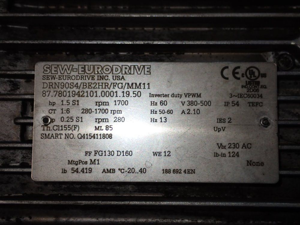 Sew-eurodrive 1.5 Hp Motor - Drn90s4/be2hr/fg/mm11