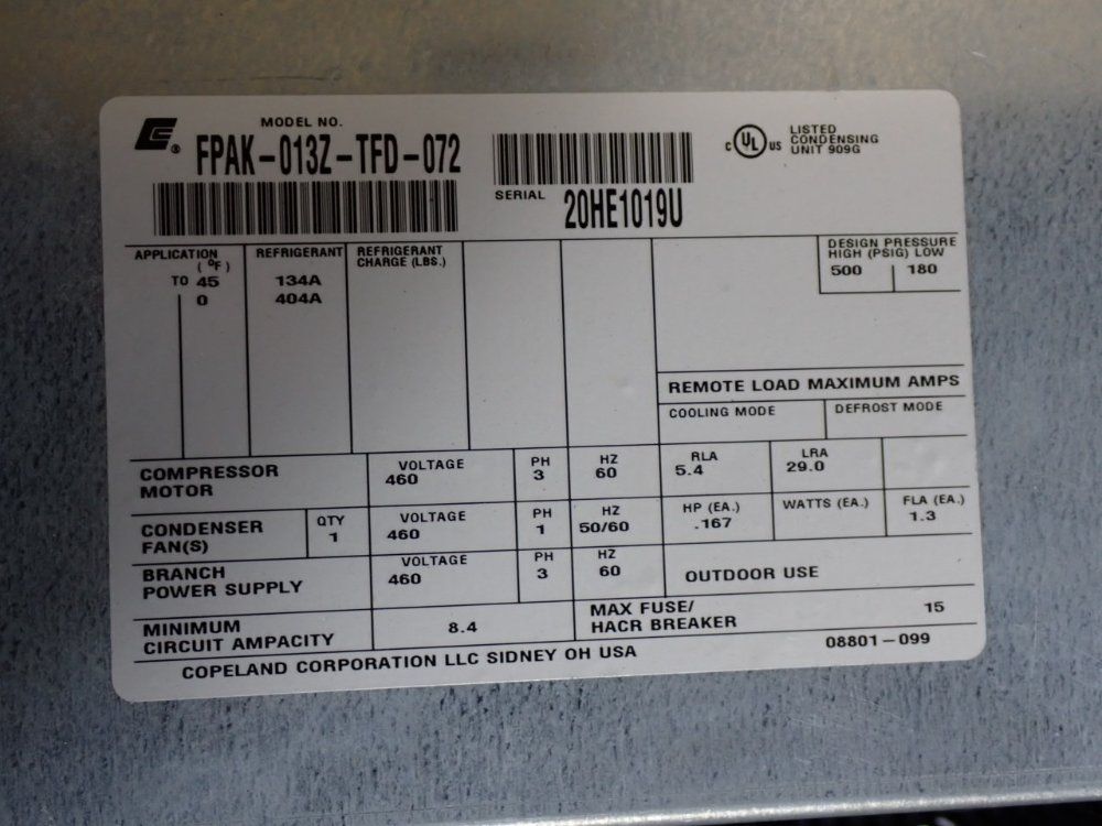 Copeland Cooling Unit - Fpak-013z-tfd-072