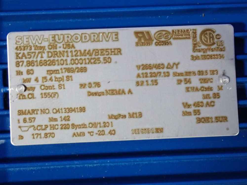 Sew-eurodrive 5.4 Hp Gear Drive - Ka57/tdrn112m4/be5hr