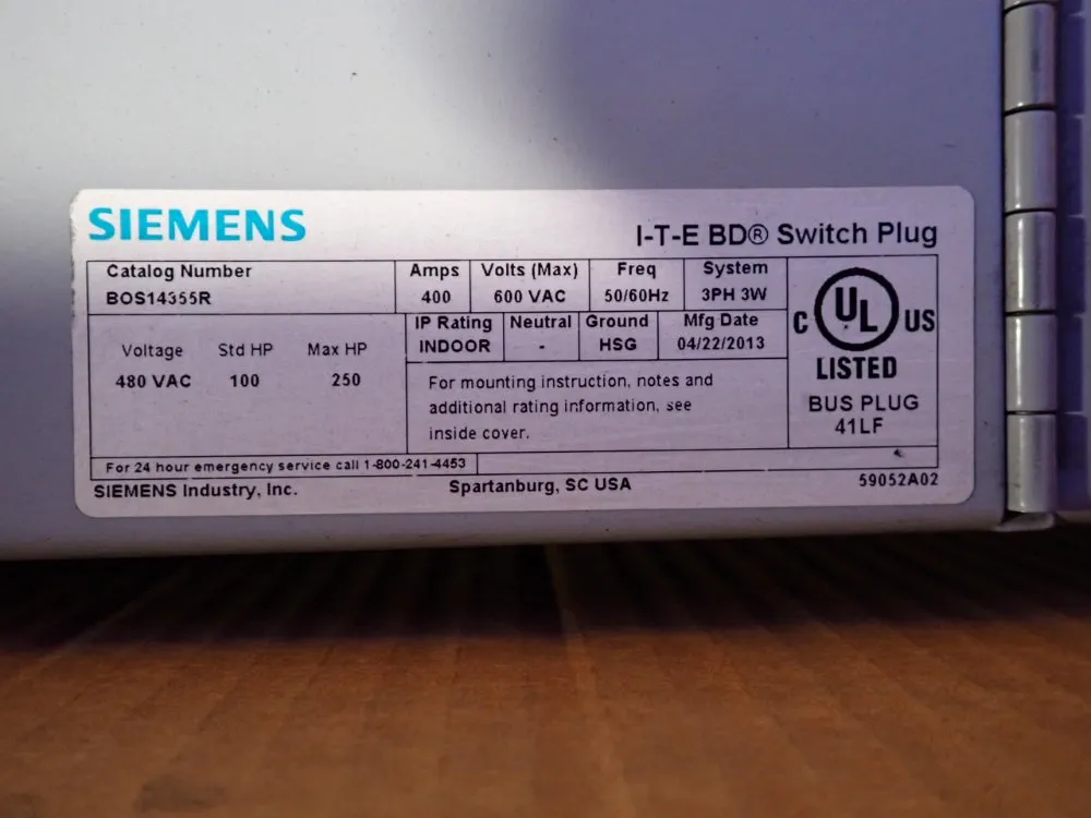 Siemens 250 Hp Busway Switch Plug - Bos14355r
