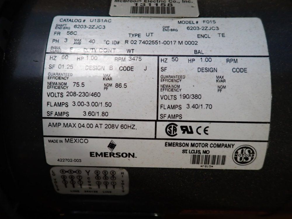 Emerson Motor Co. 1 Hp Motor - U1s1ac/f01s