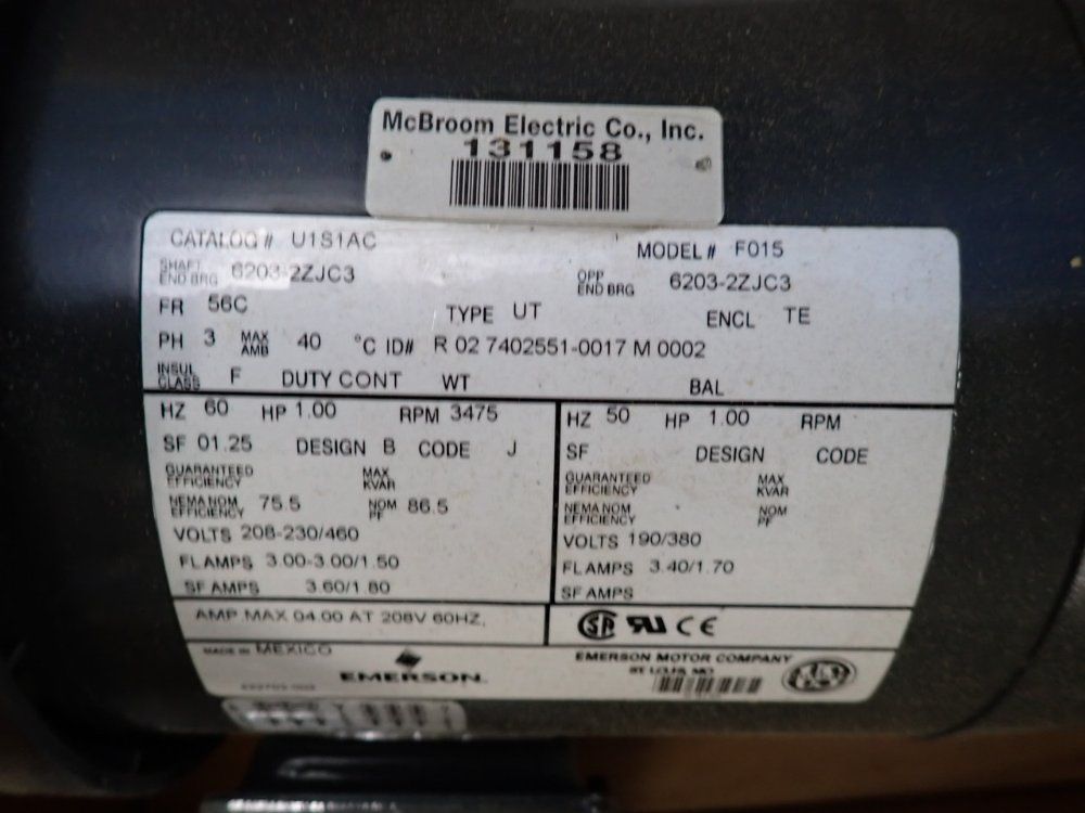Emerson Motor Co. 1 Hp Motor - U1s1ac/f01s