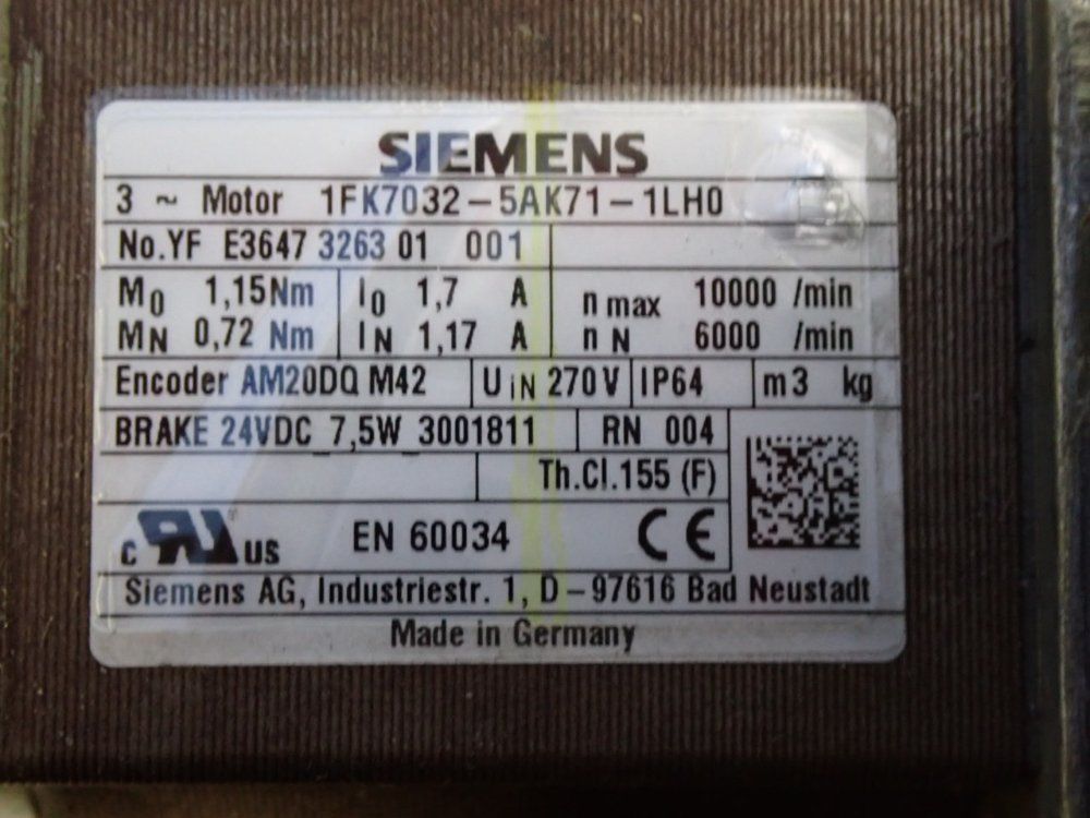 Siemens 10000 Rpm Servo Motor - 1fk7032-5ak71-1lh0