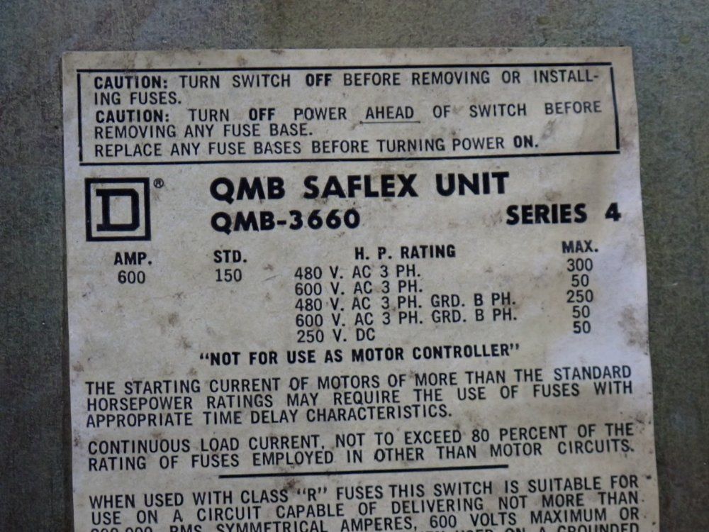 Square D 600a Panelboard Disconnect Switch - Qmb-3660