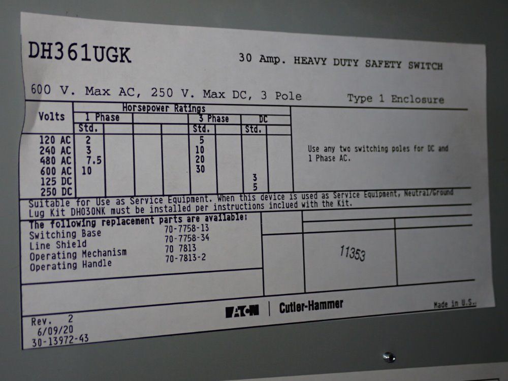 Eaton 30 Amp Non-fusible Disconnect - Dh361uhk