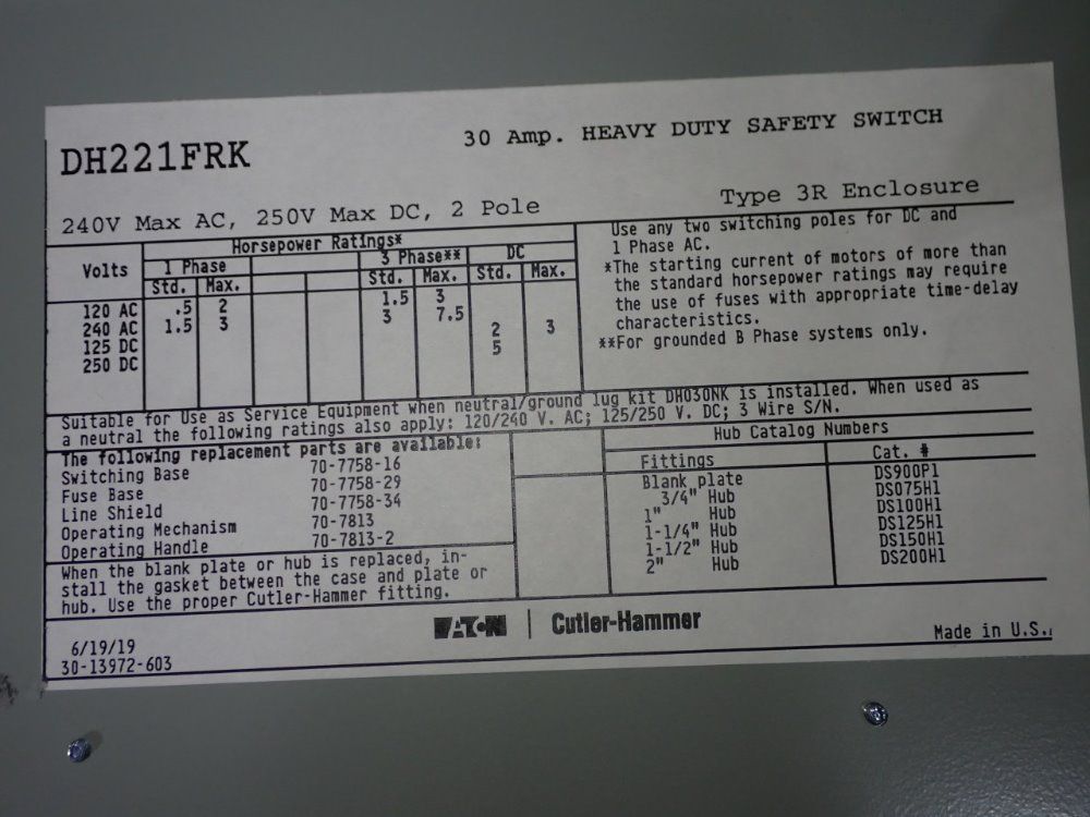 Eaton 30 Amp Non-fusible Disconnect - Dh221frk