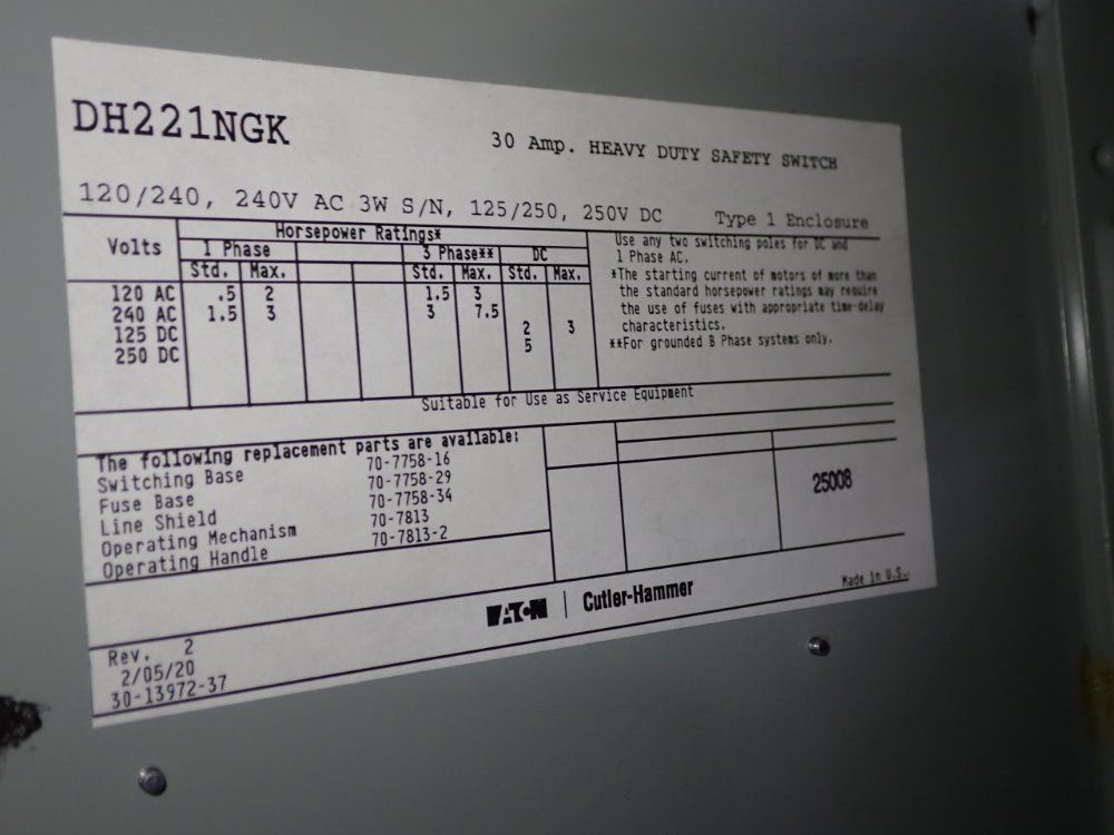 Eaton 30 Amp Non-fusible Disconnect - Dh221ngk