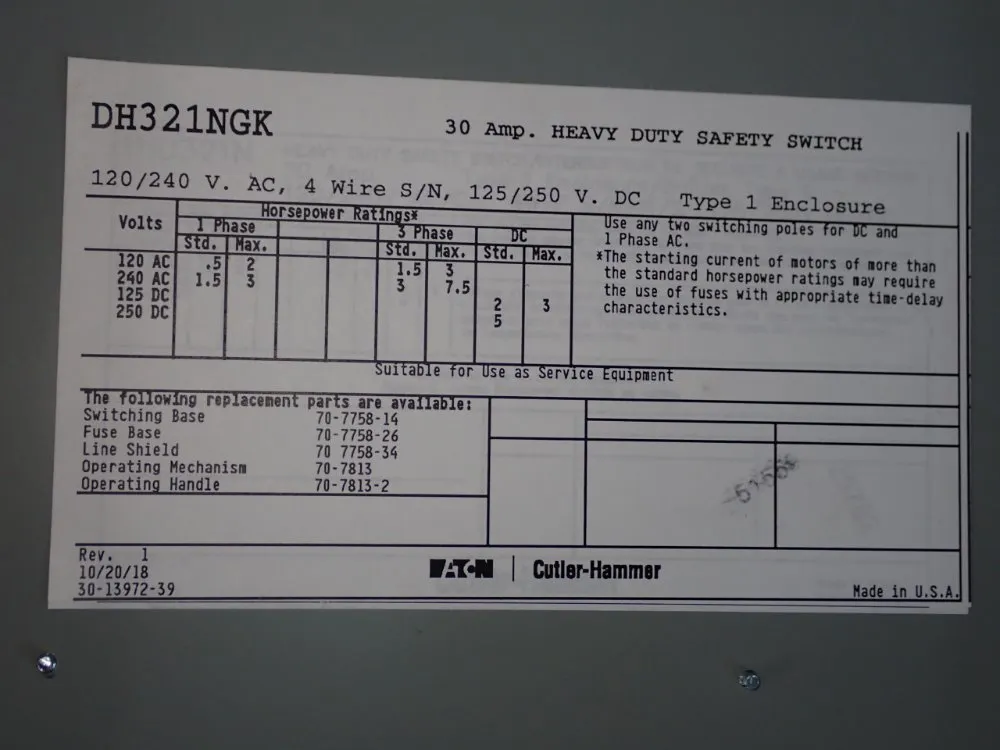Eaton 30 Amp Fusible Disconnect - Dh321ngk