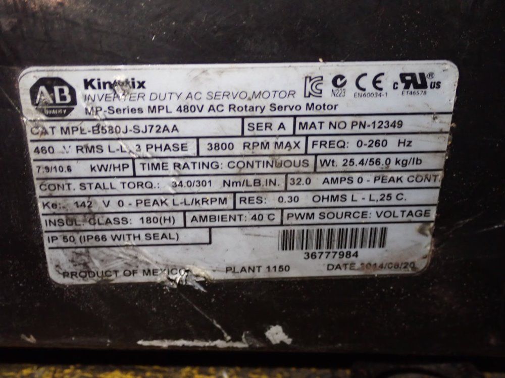 Allen Bradley 10.6 Hp Servo Motor - Mpl-b580j-sj72aa