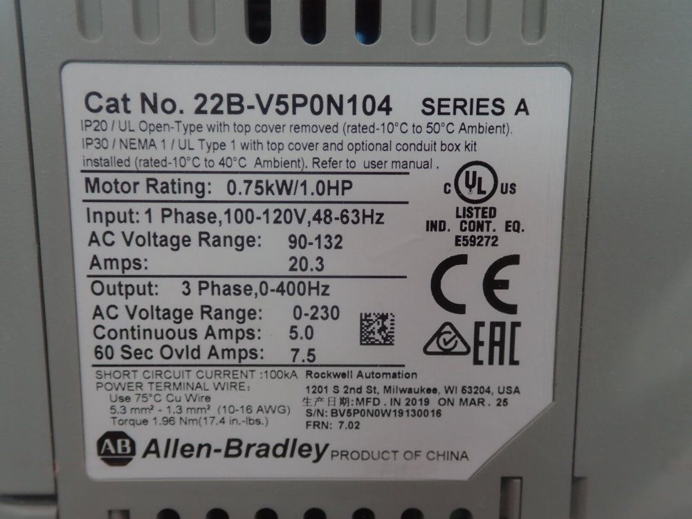 Allen Bradley 1hp Ac Drive - 22b-v5p0n104