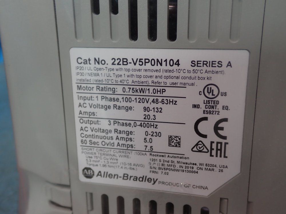 Allen Bradley 1hp Ac Drive - 22b-v5p0n104