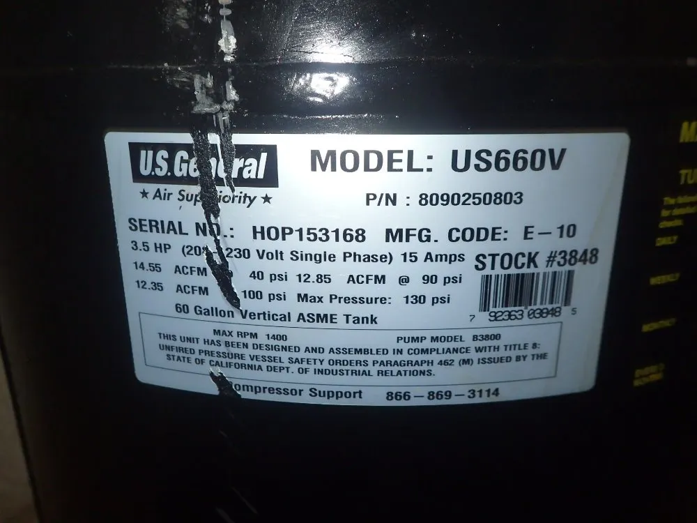 U.s General 3.5 H.p Air Compressor - Us660v