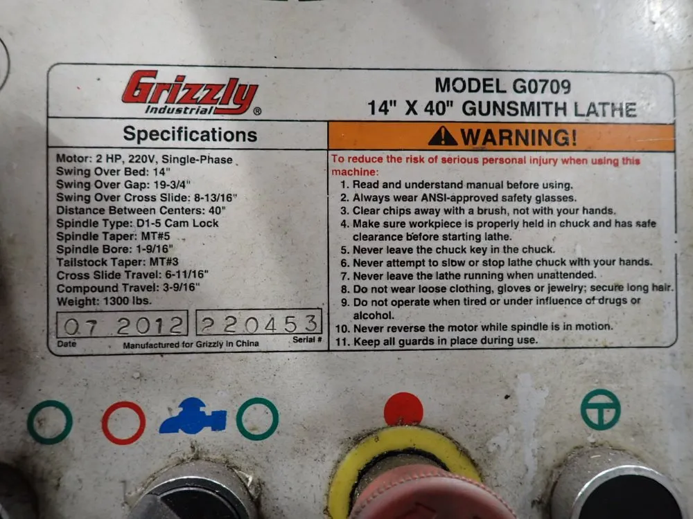 Grizzly 14" Swing, 40" Centers, 8spd, 70-2000rpm Gunsmith Lathe - G0709