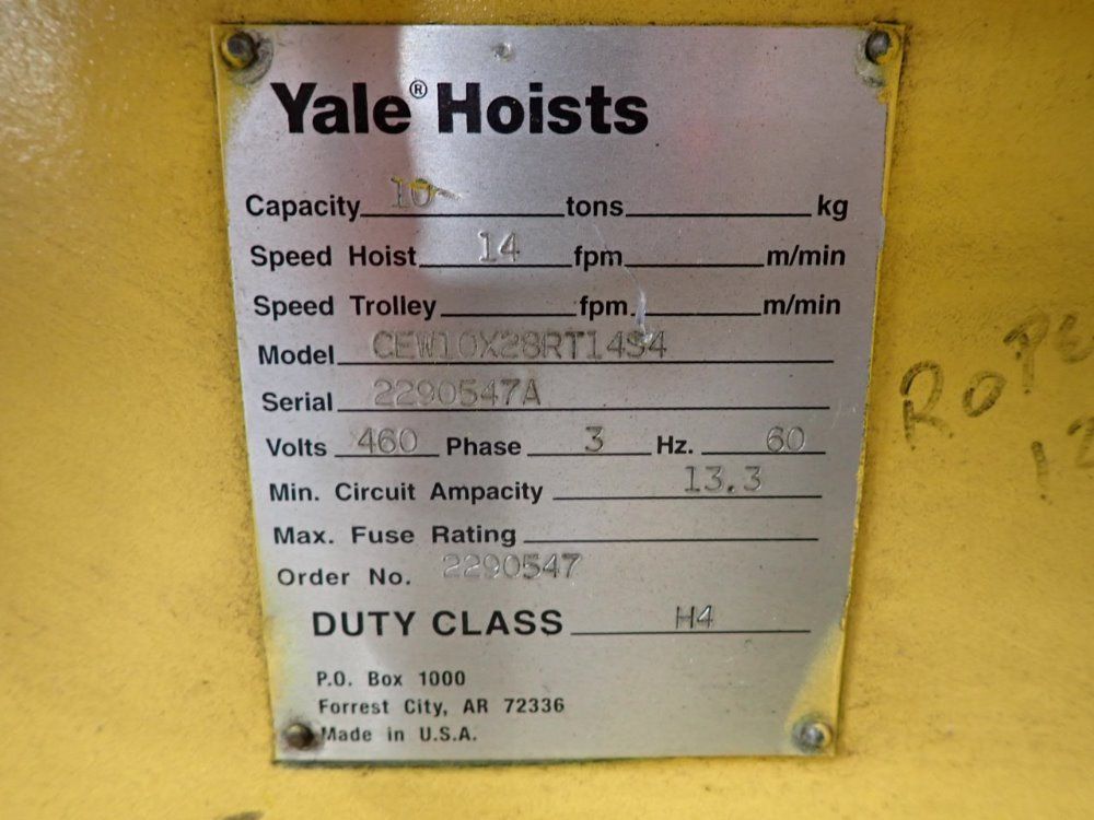 Yale 10 Ton, 14fpm 10 Ton Electric Hoist - Cew10x28rt14s4