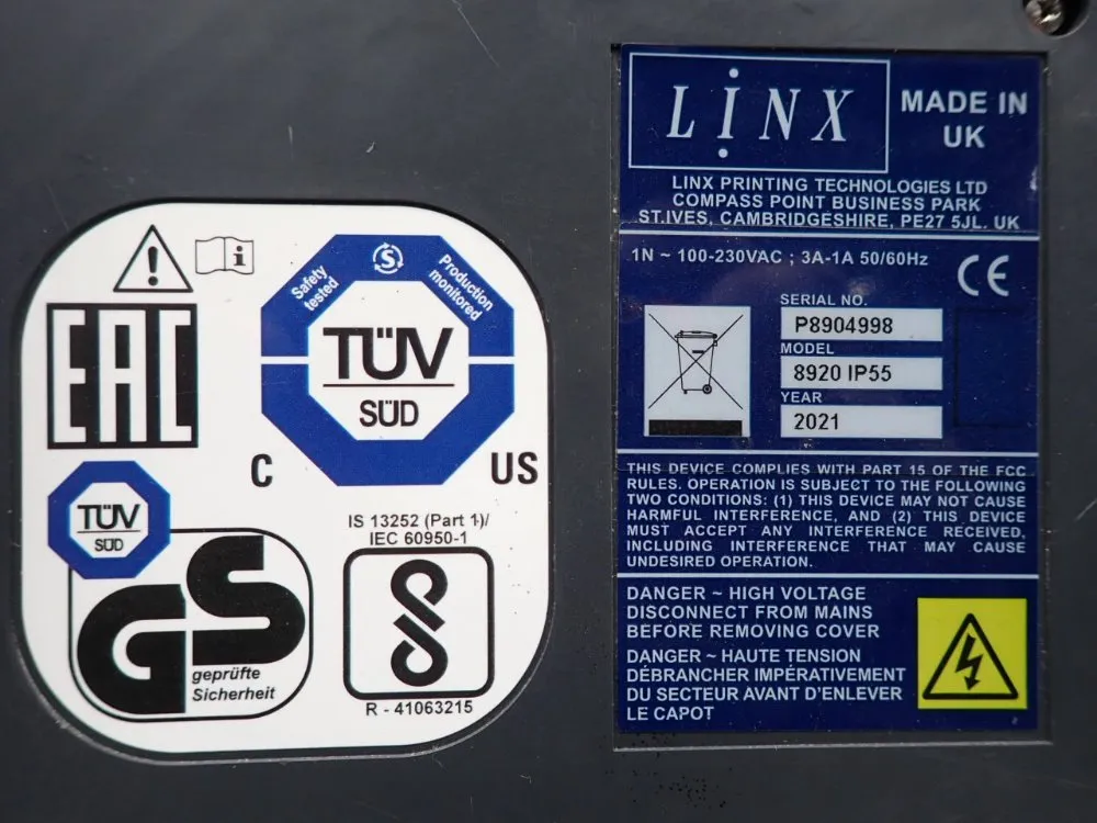 Linx .07"-.78" Character Height, 5 Lines, 484fpm 2-line High Speed Continuous Inkjet Printer - 8920 Ip55