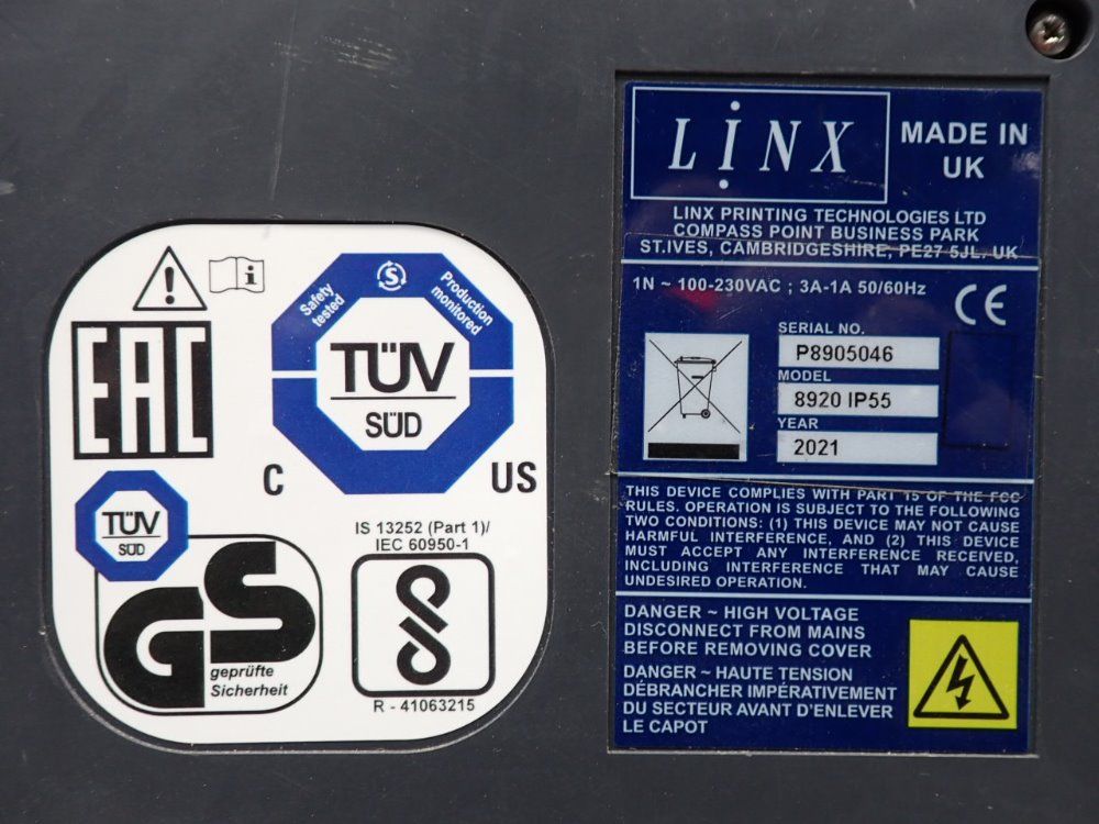 Linx .07"-.78" Character Height, 5 Lines, 484fpm 2-line High Speed Continuous Inkjet Printer - 8920 Ip55