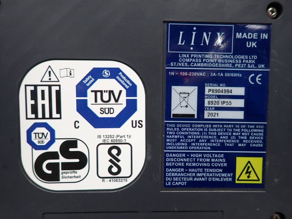 Linx .07"-.78" Character Height, 5 Lines, 484fpm 2-line High Speed Continuous Inkjet Printer - 8920 Ip55