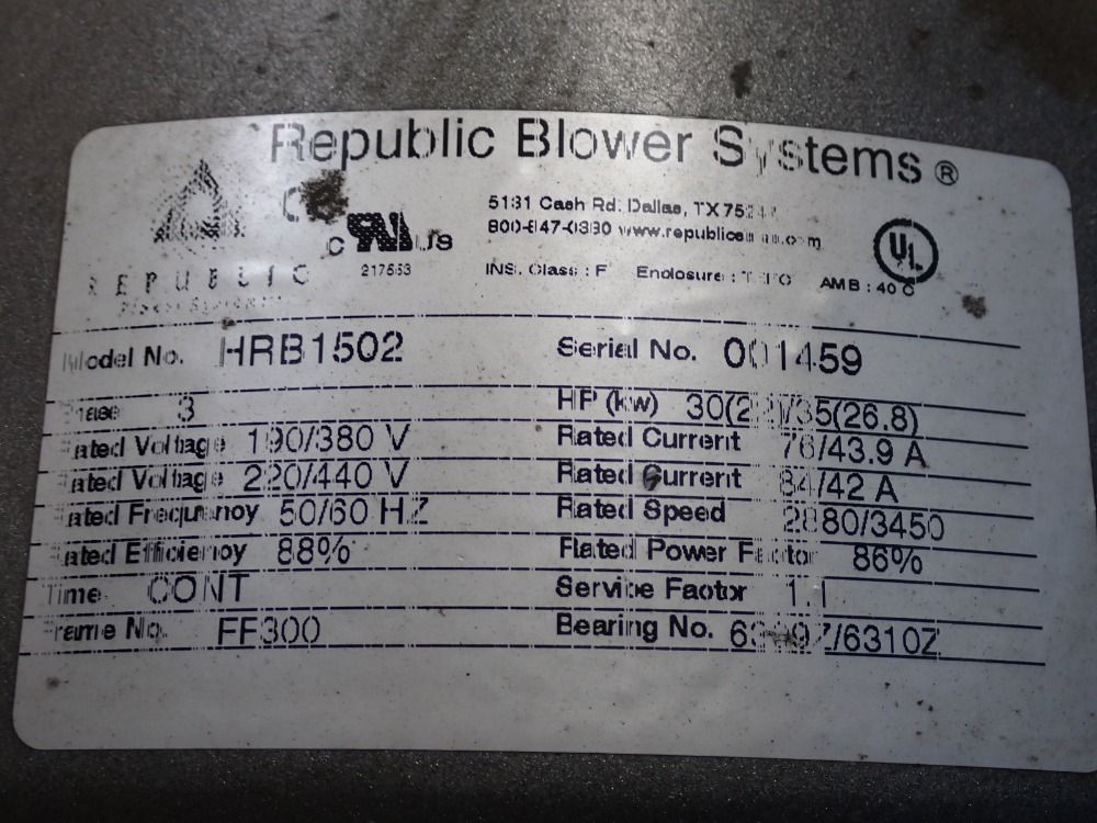 Used Republic Blower Systems Vacuum Pump HGR Industrial Surplus