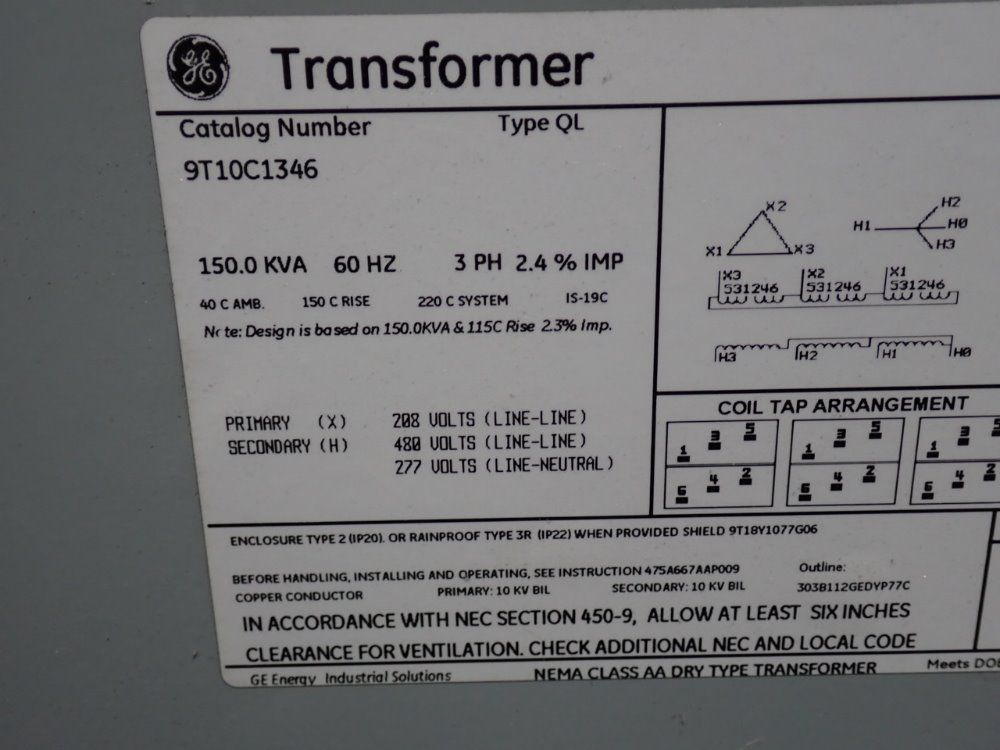 General Electric 150 Kva 150 Kva Transformer - 9t10c1346