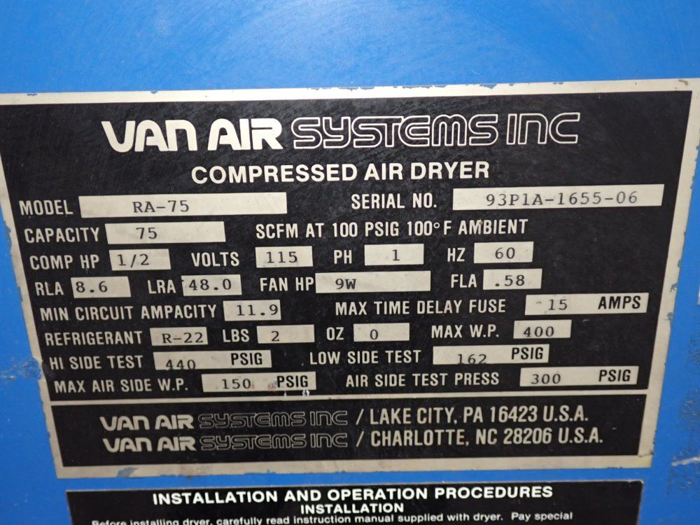 Van Air Systems Inc Compressed Air Dryer