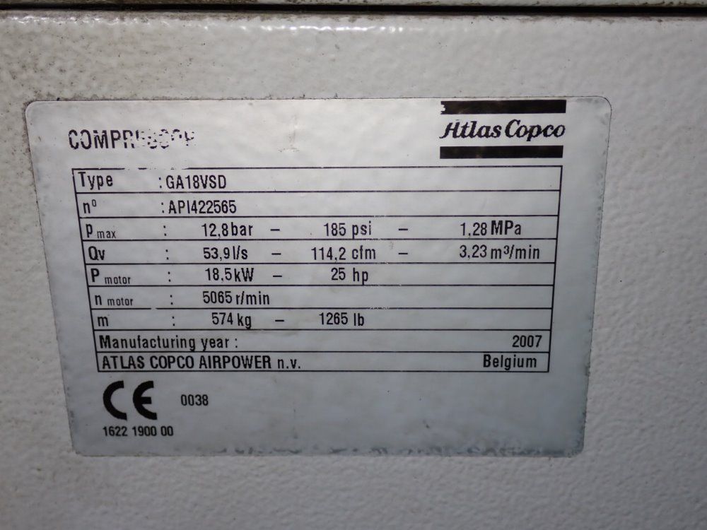Atlas Copco 25 Hp Air Compressor - Ga18vsdff