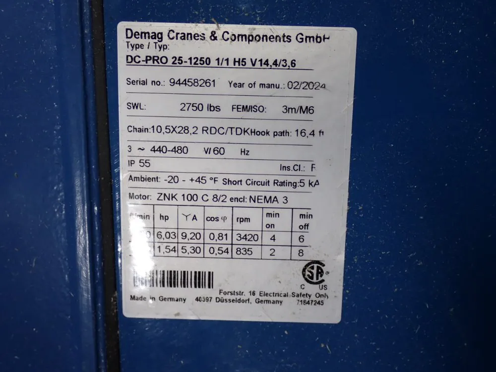 Demag 2750 Lbs Hoist - Dc-pro 25-1250 1/1h5vi4,4/3,6