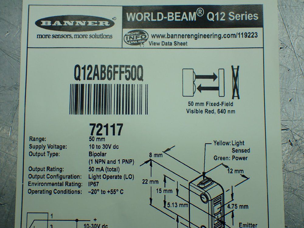 Banner 50mm Range World-beam Q12 Miniature Self-contained Photoelectric Sensor. - Q12ab6ff50q