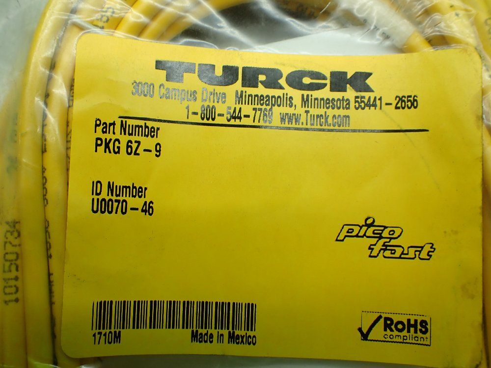Turck 9 Meter Length Picofast Snap-on Single Ended Cordsets. U00700-46 - Pkg 6z-9