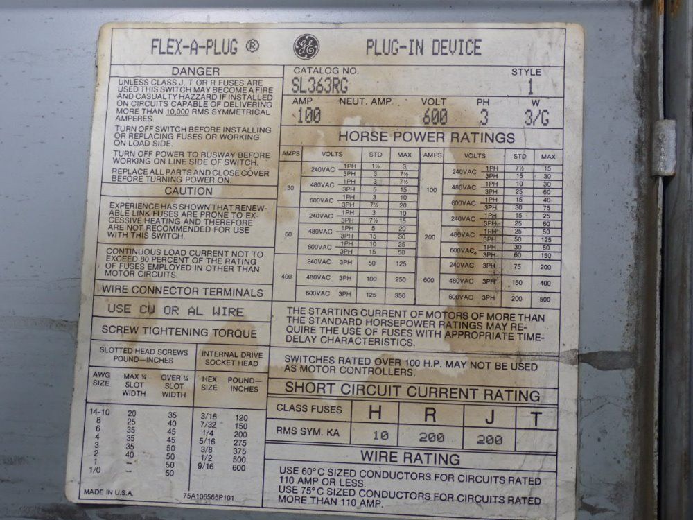 General Electric 100a/600v Bus Plug - Sl363rg