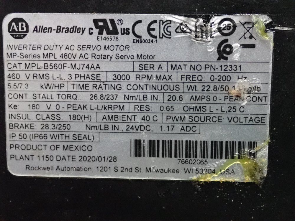 Allen Bradley 7.3 Hp 2020 Allen Bradley Mpl-b560f-mj74aa Servo Motor - Mpl-b560f-mj74aa