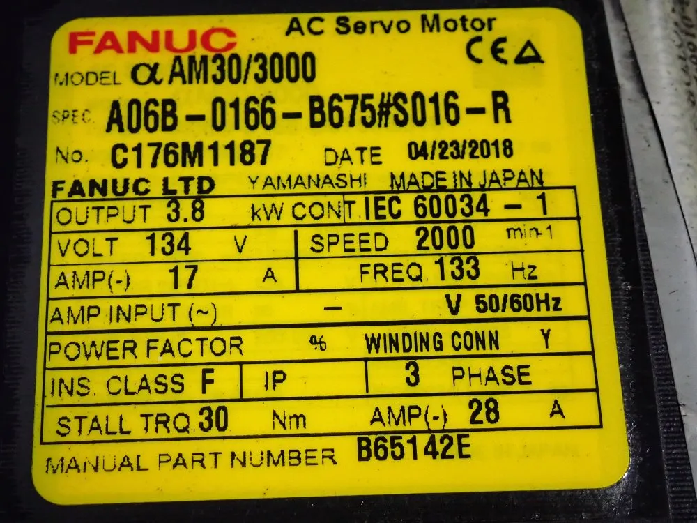 Fanuc 3.8 Kw Servo Motor - A06b-0166-b675#s016-r