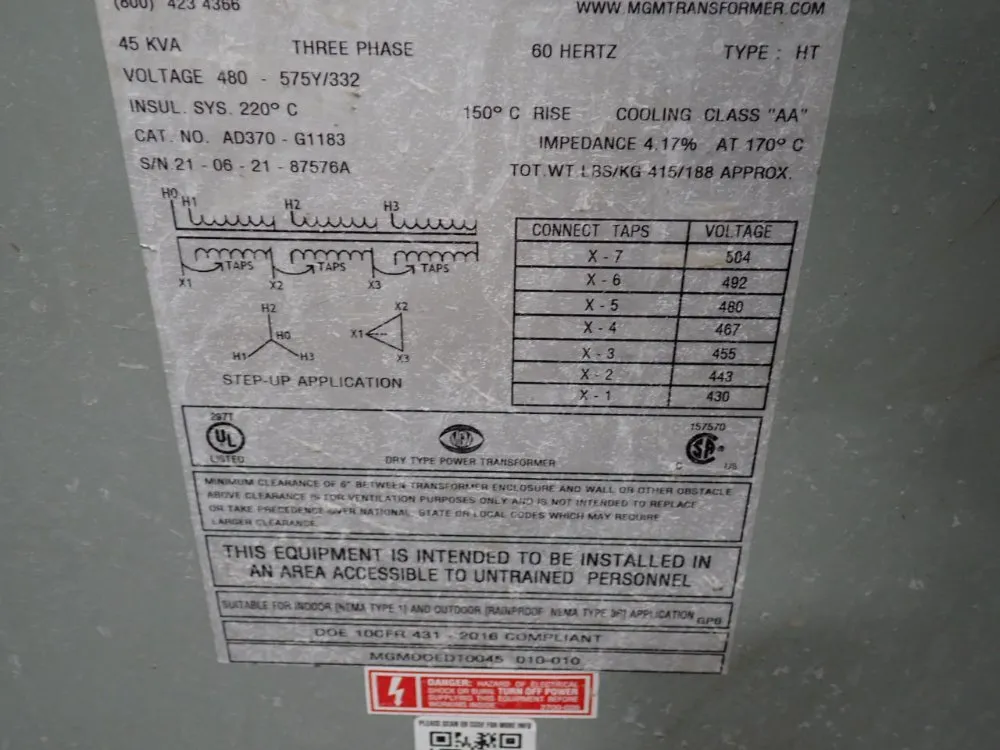 Mgm Transformer Co. 45 Kva Transformer - Ad370-g1183