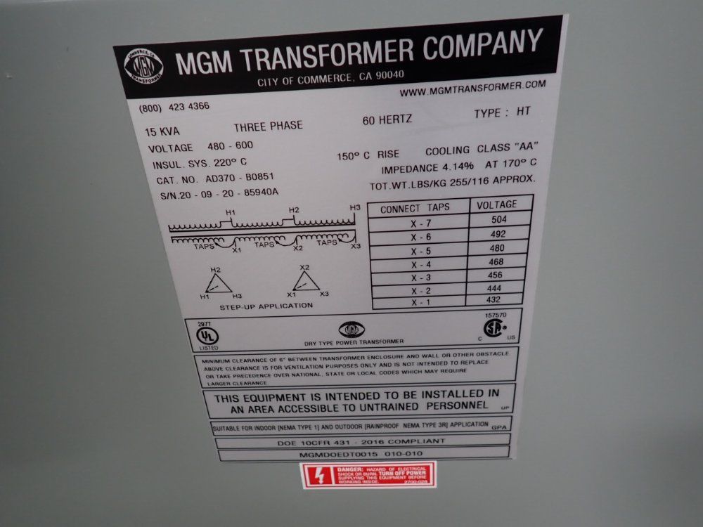 Mgm Transformer Co. 15 Kva Transformer - Ad370-bo851