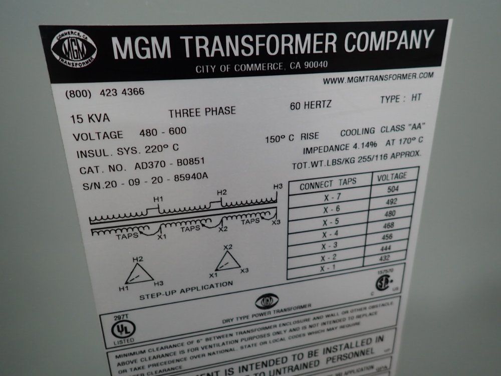 Mgm Transformer Co. 15 Kva Transformer - Ad370-bo851