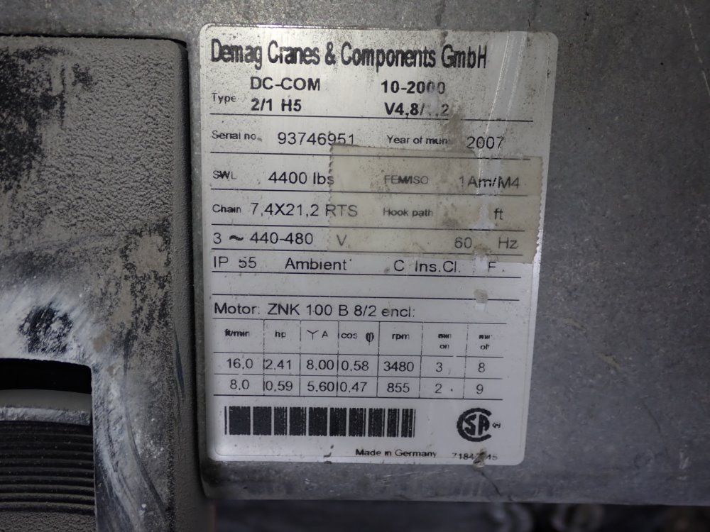 Demag 4400 Lbs Electric Chain Hoist - Dc-com 2/1 H5